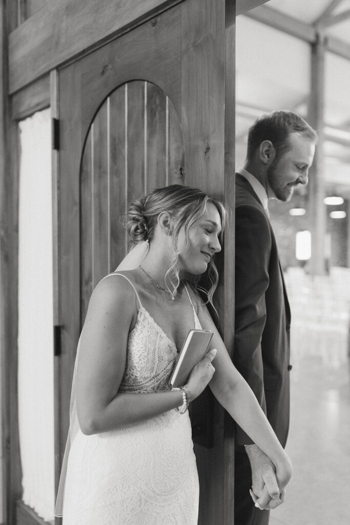 Loxi holds Will's hand as she leans against a door during their first touch ceremony