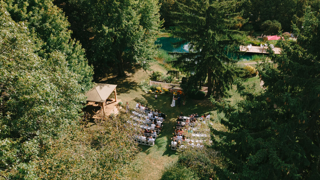 An aerial shot of Bloom and Bower during Karis and Tony's wildflower wedding