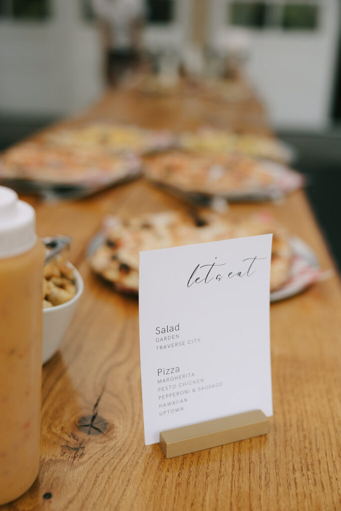 Karis and Tony's pizza bar at their wedding reception at bloom and bower