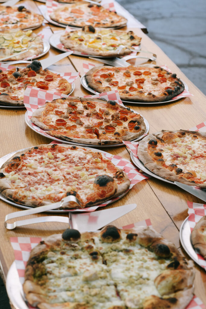 Karis and Tony's pizza bar at their wildflower wedding at bloom and bower