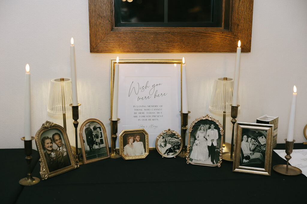Wedding day details with a memorial table of the bride and grooms missing loved ones