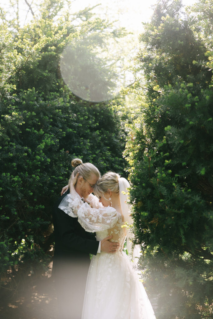 Intimate moment of the couple forehead to forehead, soothing prewedding nerves


