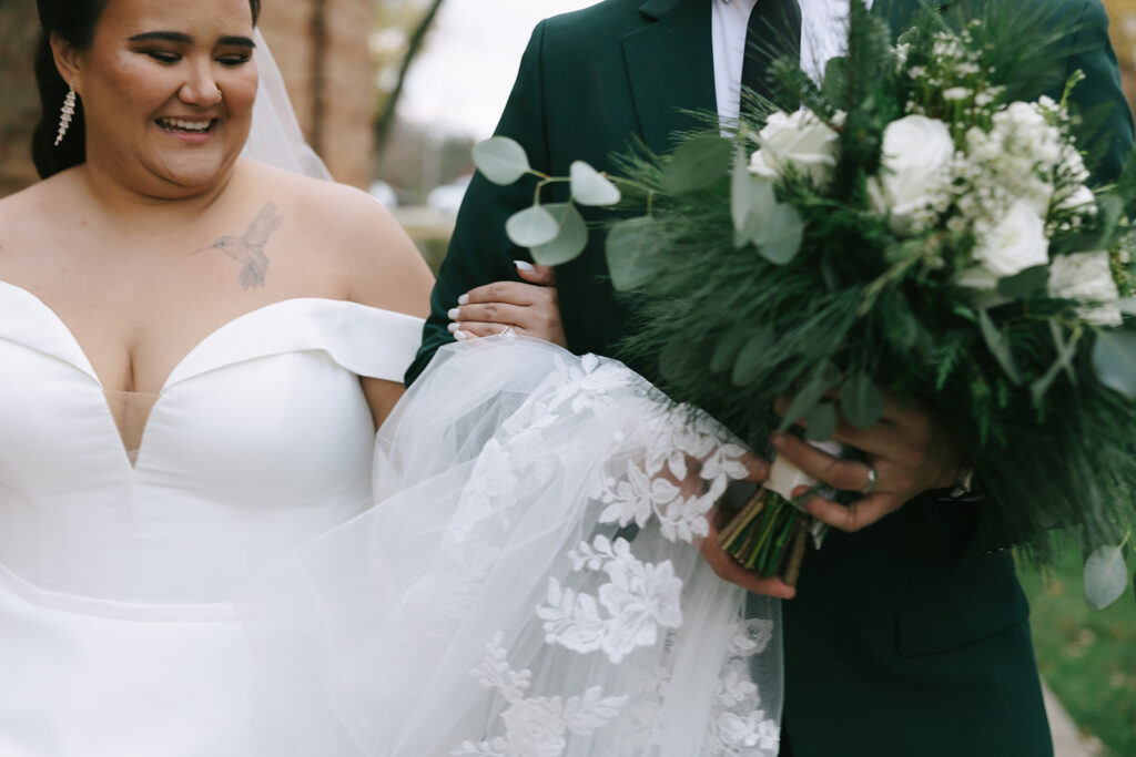 Bride and groom sharing a quiet moment through a window alongside a bridal portrait outdoors, storytelling style that couples love when finding a wedding photographer on Instagram.