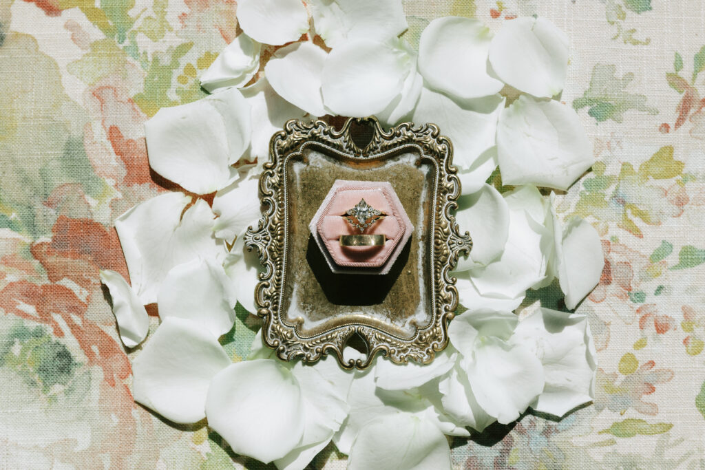 Rings in a special box, tray, and petals around it taken by an Ohio photographer.