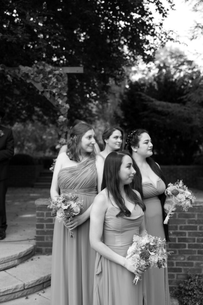 Candid wedding photo of a bridal party.